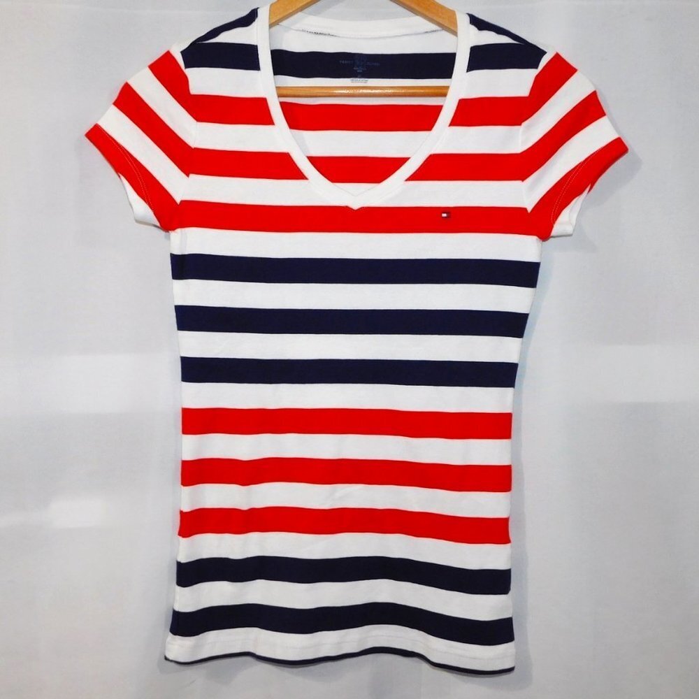 Tommy Hilfiger Striped Red White Blue V Neck T Shirt Womens S